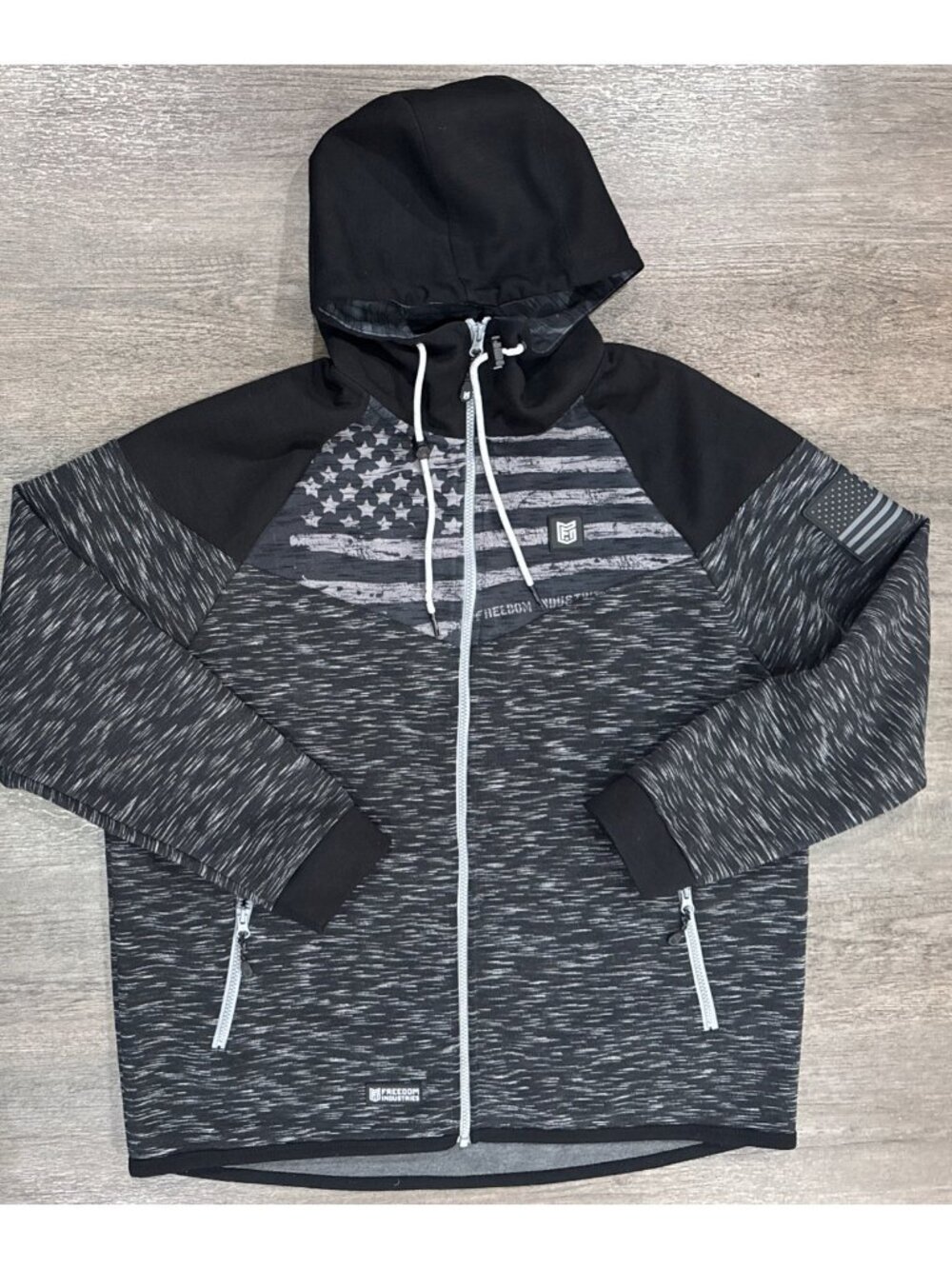Freedom Industries Full Zip Hoodie Jacket Mens XXL 2XL Black Gray USA Flag